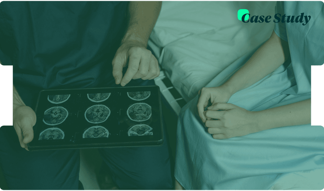 Doctor reviewing brain scan images on a tablet with a patient in a hospital setting
