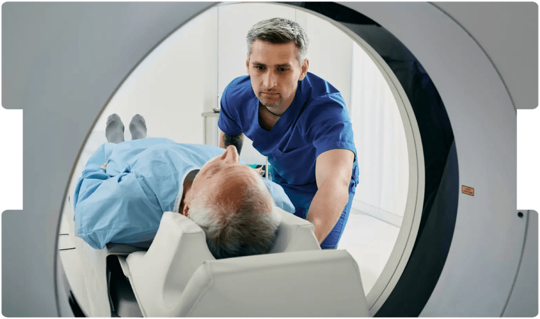 Radiologist preparing a patient for an MRI scan, illustrating challenges in linking imaging results with chronic pain and legal causation.