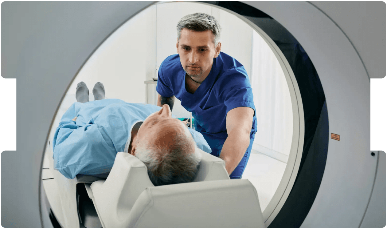 Radiologist preparing a patient for an MRI scan, illustrating challenges in linking imaging results with chronic pain and legal causation.
