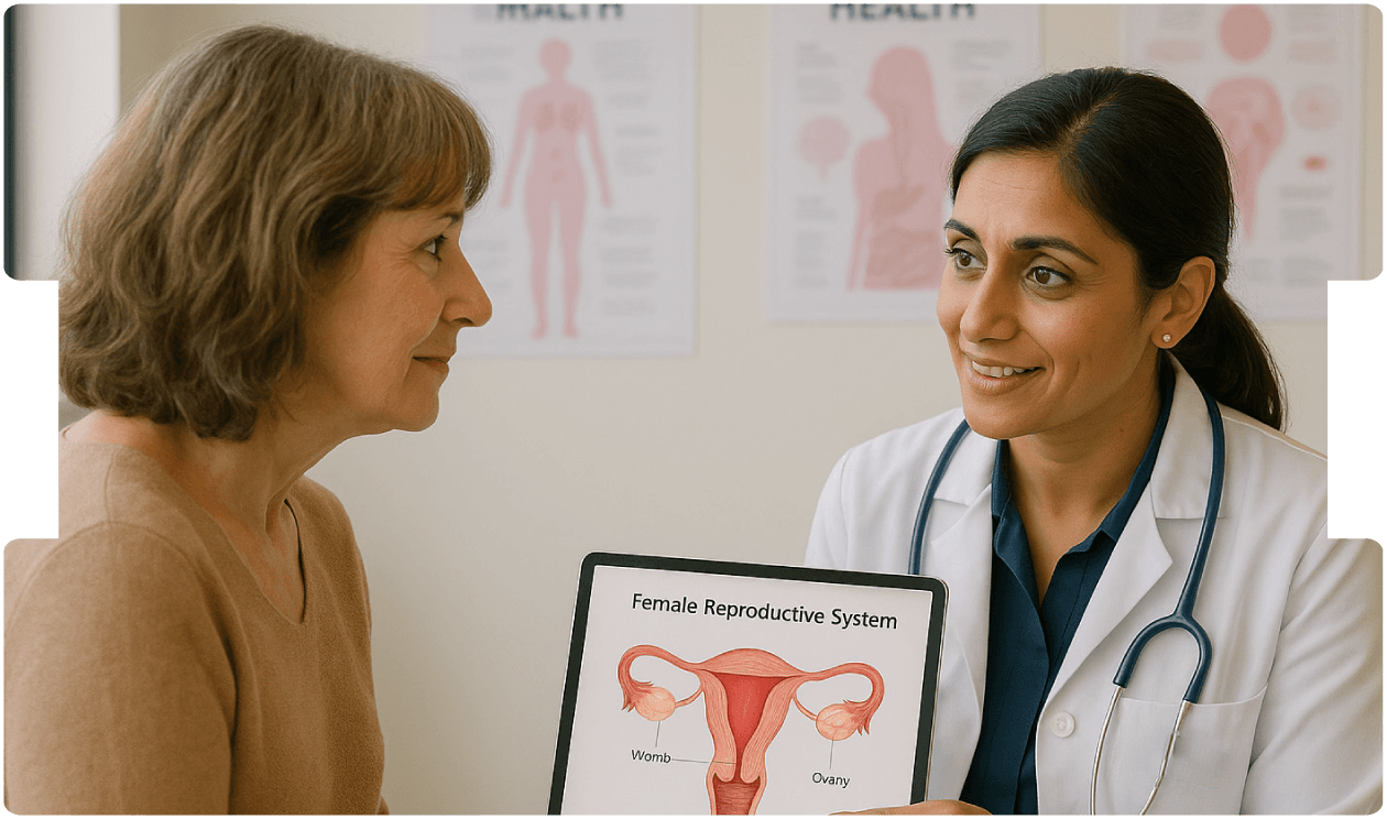 Doctor discussing scans with a patient during an ovarian cancer examination.