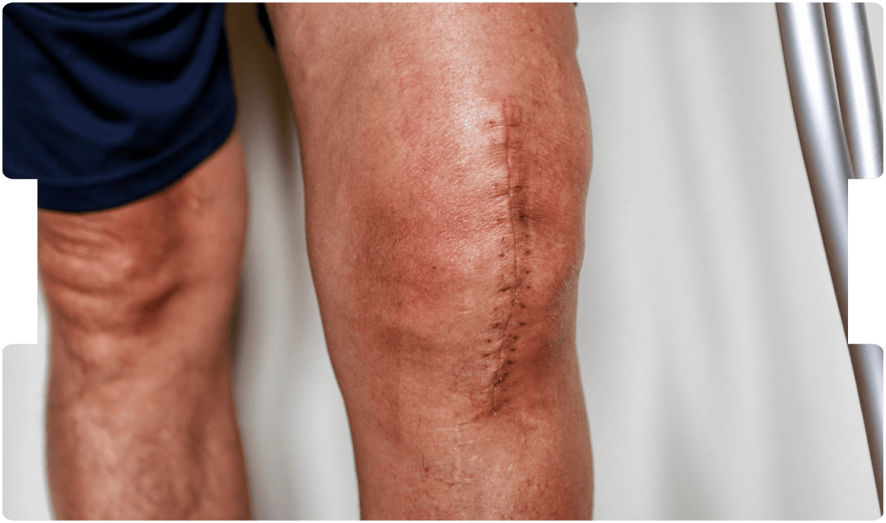 Healing knee incision with visible stitches and mild swelling, showing post-surgery recovery and scarring support for injury rehabilitation.